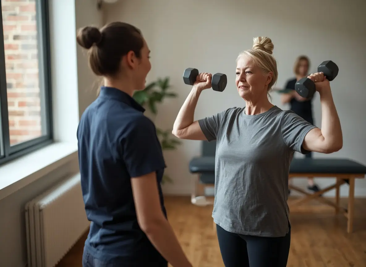 Exercise physiologist supervising a woman performing a dumbbell exercise during a weight loss and metabolic health consultation in Balmain